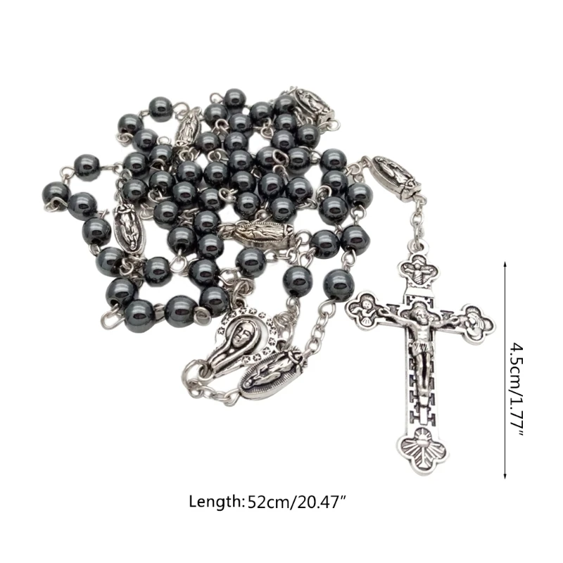 Collana con rosario religioso vintage, pietra ematite, perline catena con Gesù per collana con ciondolo croce, ciondoli