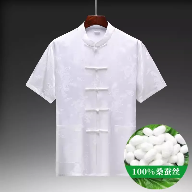 Dragon Jacquard High-End Shirts For Men Frog Tang Costume Pocket Summer Quality Mulberry Silk Short Sleeve Fashion Chemise Homme