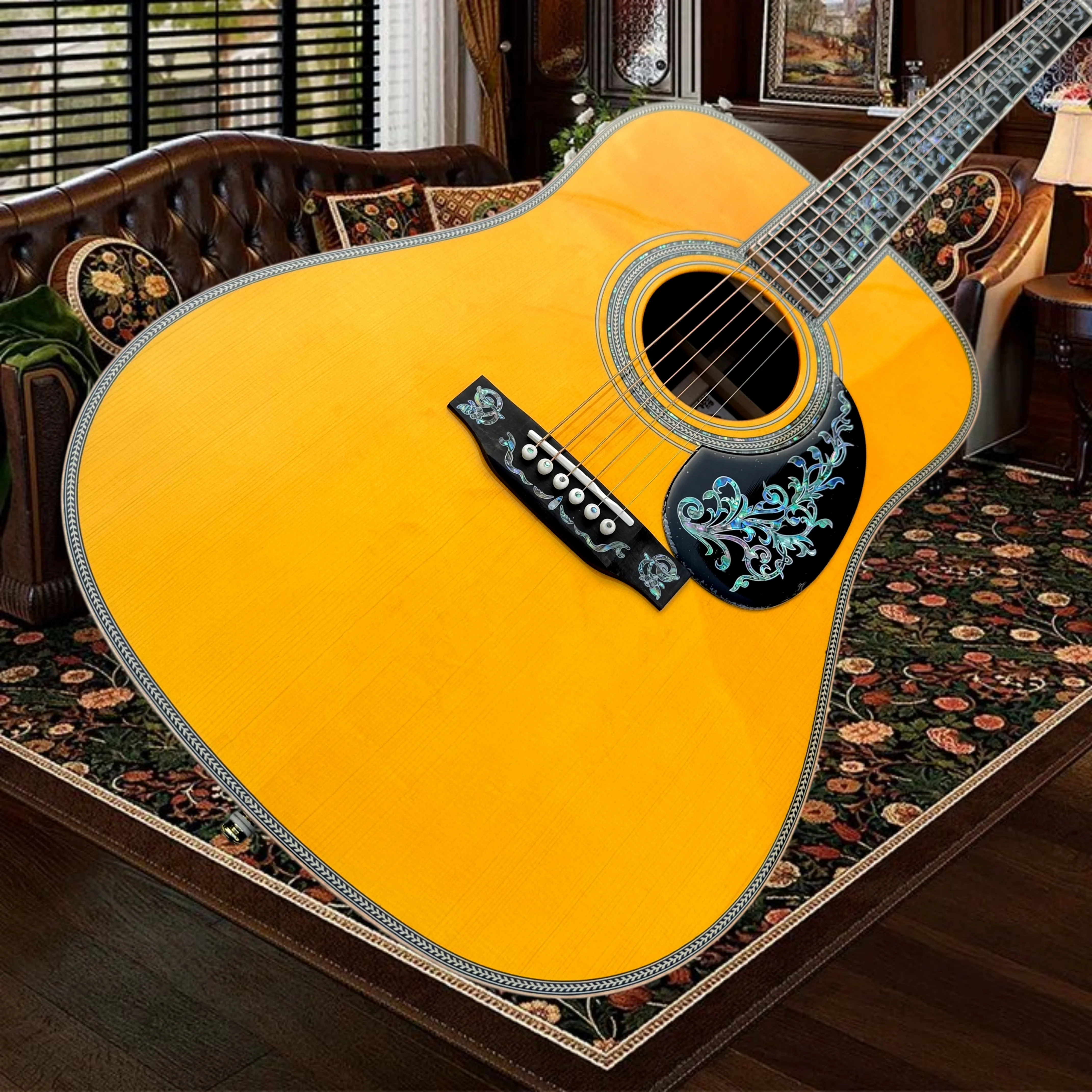 D50 Acoustic Guitar Featuring Full Floral Vine Inlays Fingerboard Shell Floral Pattern Pickguard Indian Rosewood Back Sides
