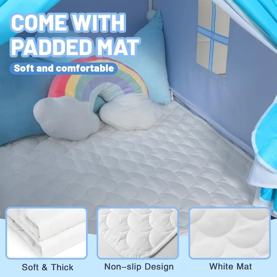 Tente de jeu bleue avec tapis et lumières étoiles pour tout-petits, maison de jeu intérieure, tente de princesse pour filles, maison de jouet, tissu cadeau