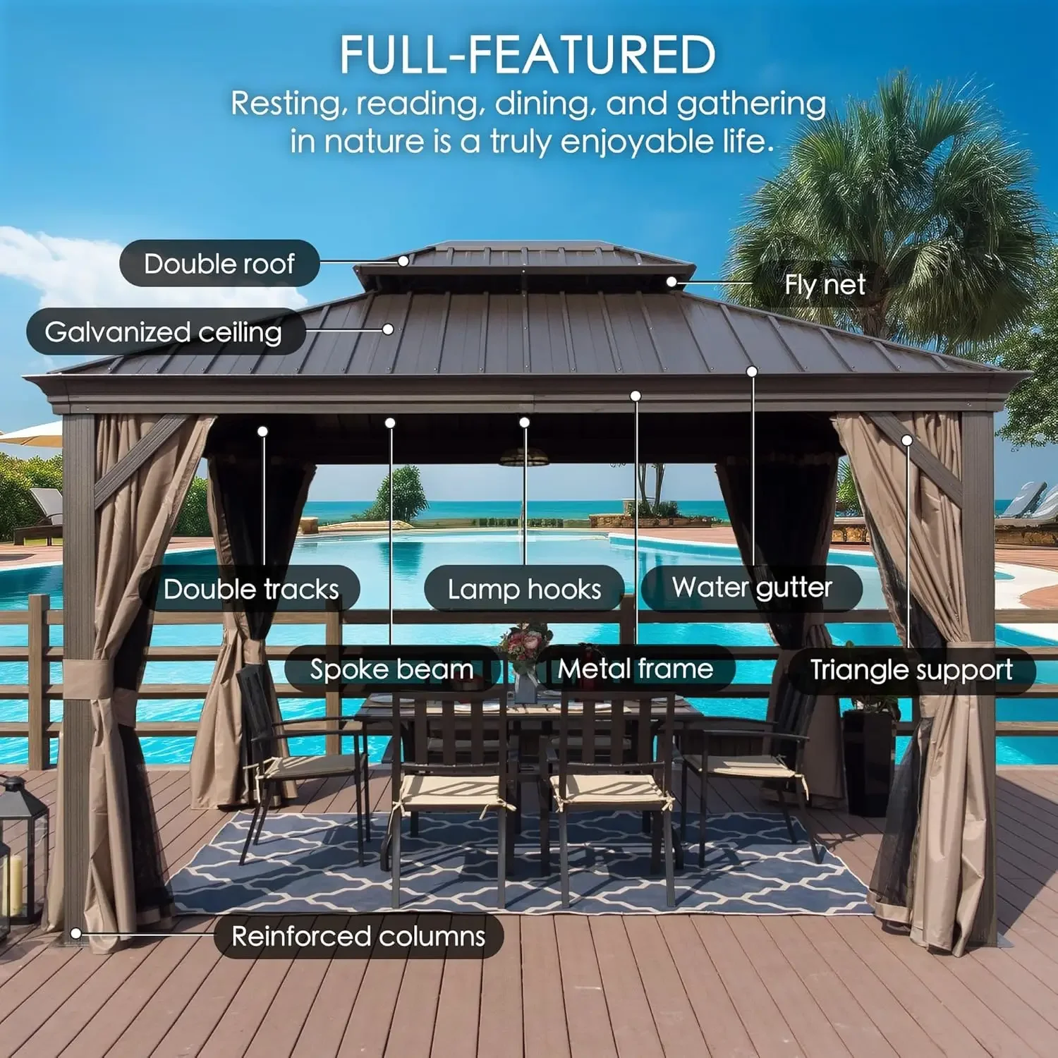 Alexander 12' X 20' Hardtop Gazebo, Aluminum Metal Gazebo with Galvanized Steel Double Roof Canopy, Curtain and Netting