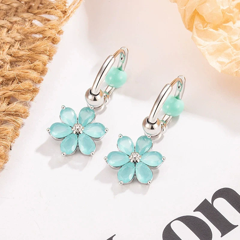 

Chic Green Flower Pendant Earrings Sweet Forest Style Daily Earring Fashion 925 Silver Ear Buckle for Women KOFSAC