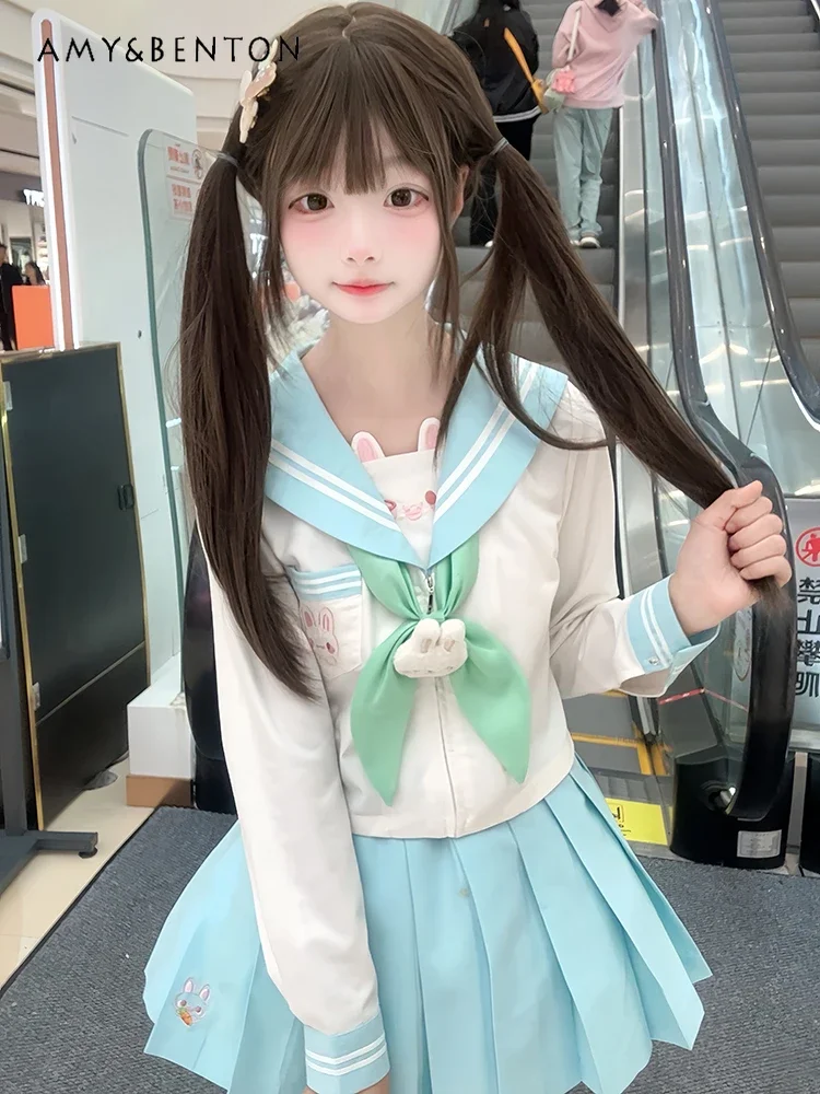 اليابانية نمط Preppy لطيف Jk موحدة الإناث الحلو الكرتون التطريز آذان أرنب البحرية طوق قميص مطوي تنورة قطعتين مجموعة