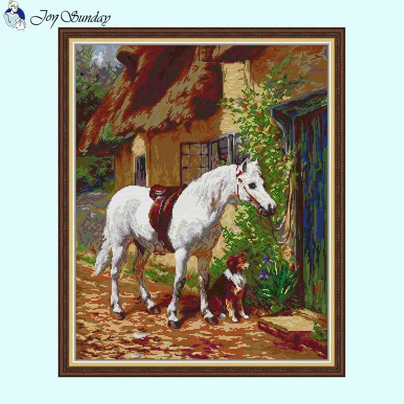 Cavallo bianco accanto alla casa Joy Sunday Kit punto croce animale 14CT 16CT 11CT Set di ricamo filo DMC in tessuto stampato bianco