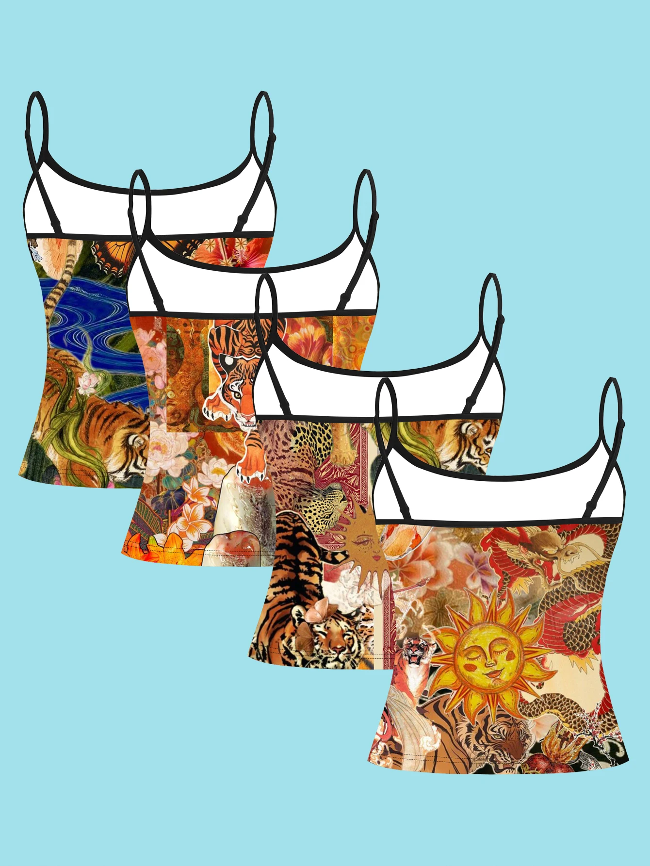 4-Piece Set of Oriental Retro Tiger and Dragon Collage Print Camisole for Women, Ukiyo-E Floral Butterfly Art Slim-Fit Spaghetti Strap Top