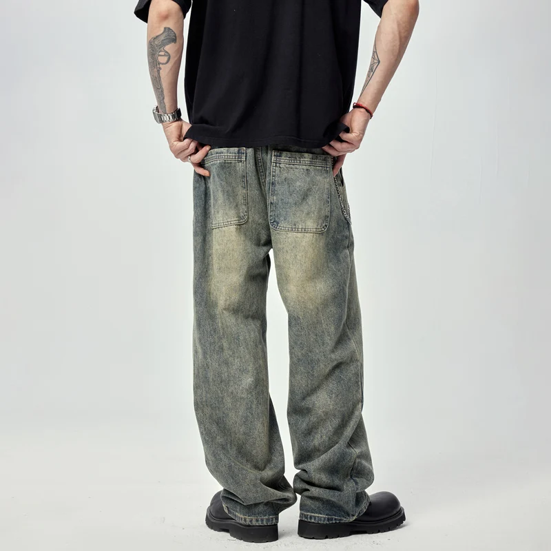 Street Washed-out Vintage Jeans Men's Loose Straight Korean Style Trendy All-Match Nostalgic Mop Wide Leg Pants