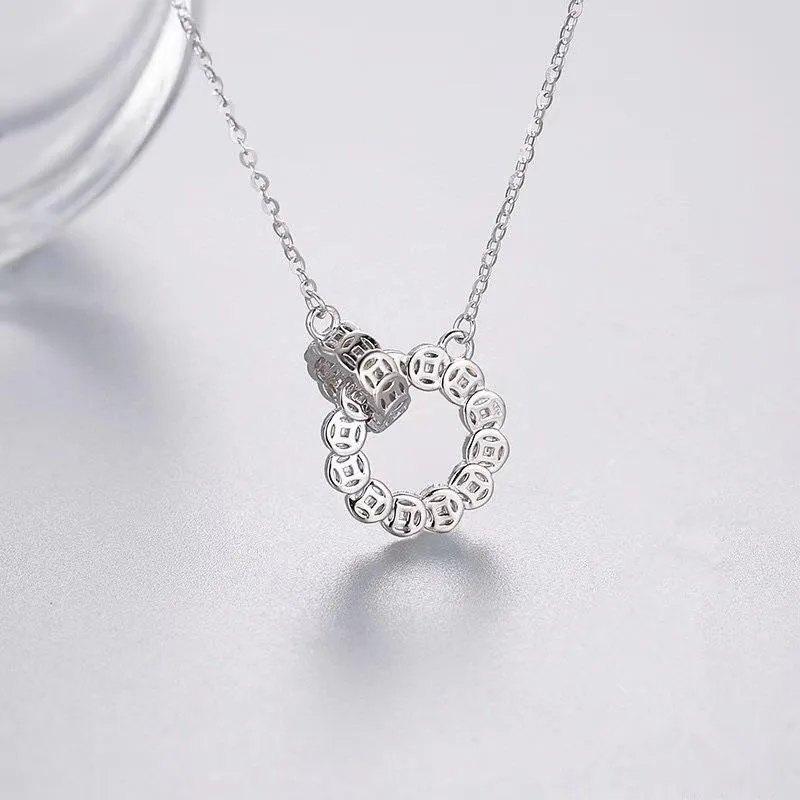 

999 Pure Silver Qian Duo Duo Double Ring Necklace - Korean Japanese Women's Vintage Clavicle Chain Fashion Fine Jewelry Gift