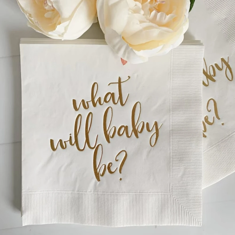 

Personalized Gender Reveal Napkins - What Will Baby Be - Baby Shower Beverage Napkins - Birthday Party Cocktail Napkins - 50pcs