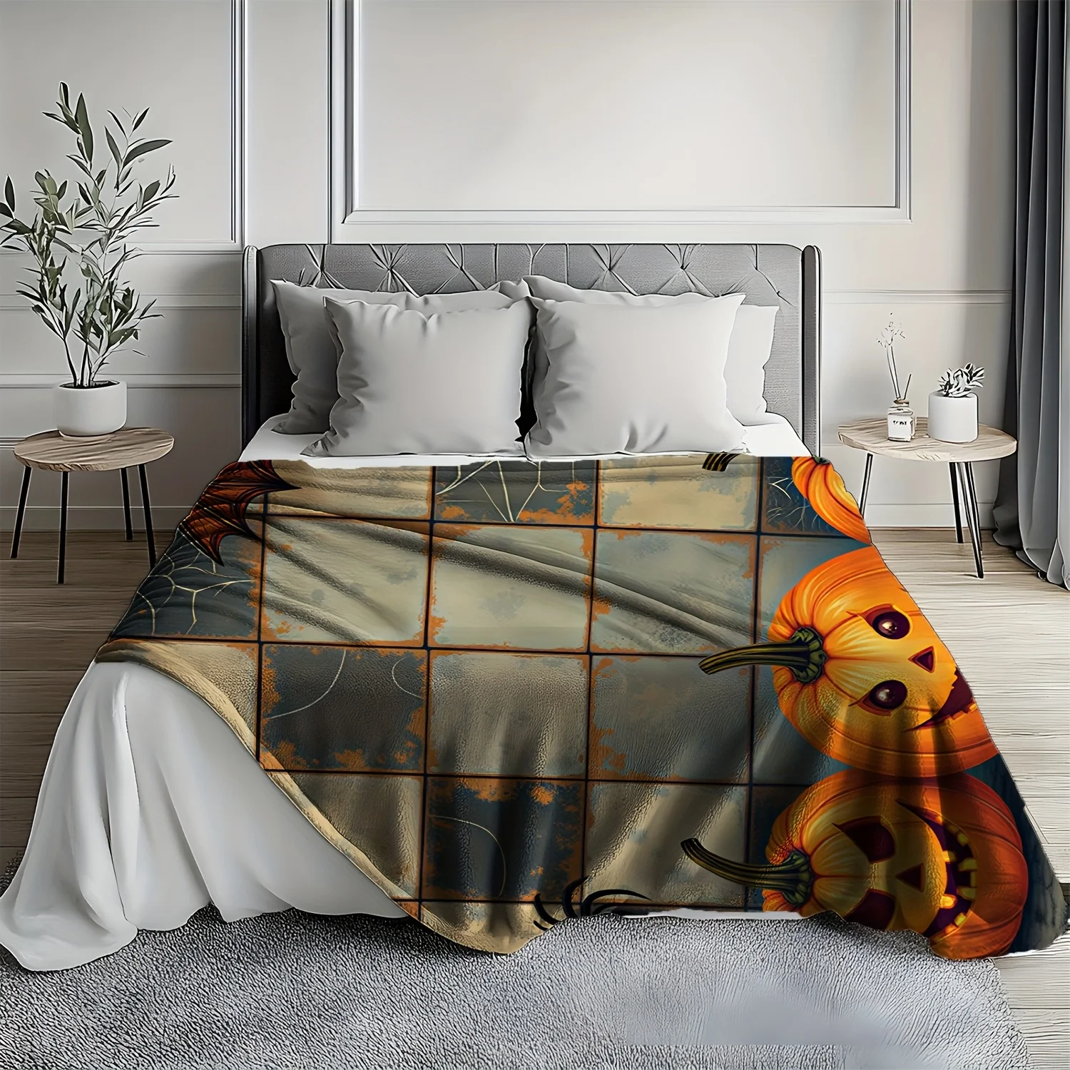 Halloween-Themed Flannel Blanket with Pumpkin, Bat & Spider Print , Perfect for Sofa, Bed, Car, Office, Camping & Travel