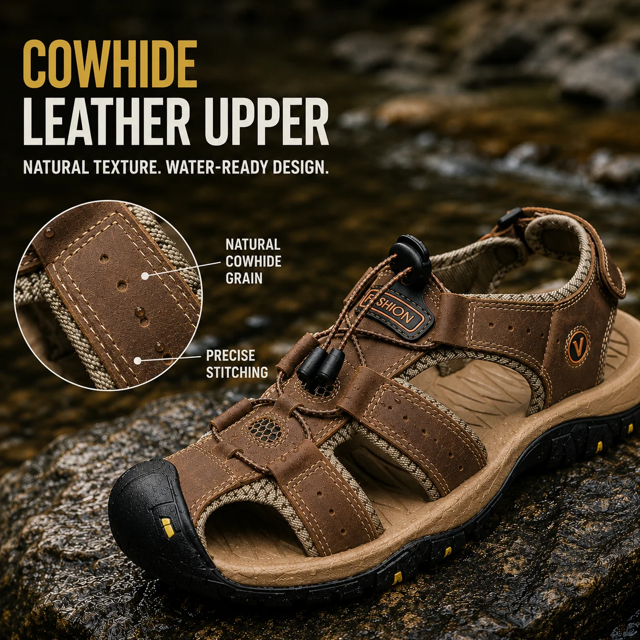 Men's Cowhide Leather Outdoor Sandals Closed Toe Hiking Water Shoes Anti-Slip Beach Sandals Summer Casual Footwear Large Size