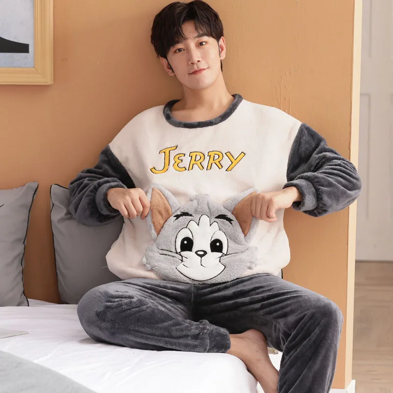 Casual Cartoon Winter Thicken Flannel Warm Pajamas For Men Sets Male Long Sleeve Sleepwear Homewear Loose Pajama Plus Size 3XL