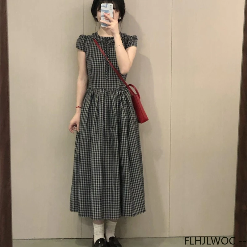 Abiti vintage carini Donna Estate Manica corta Retro Mori Ragazze Vita sottile Stile coreano Abito camicia scozzese in cotone dal design giapponese