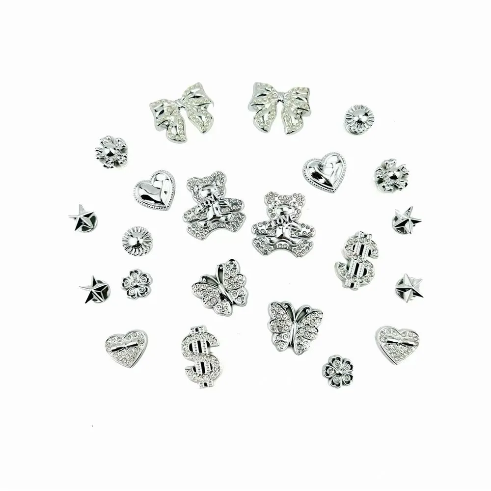 22-teiliges Sommer-Mode-Schuh-Charms-Set, Zubehör für Clogs, Schuhschnallen, silberne Diamant-, Bären-, Schmetterlings- und Nieten-DIY-Schuhdekorationen – Detail 7