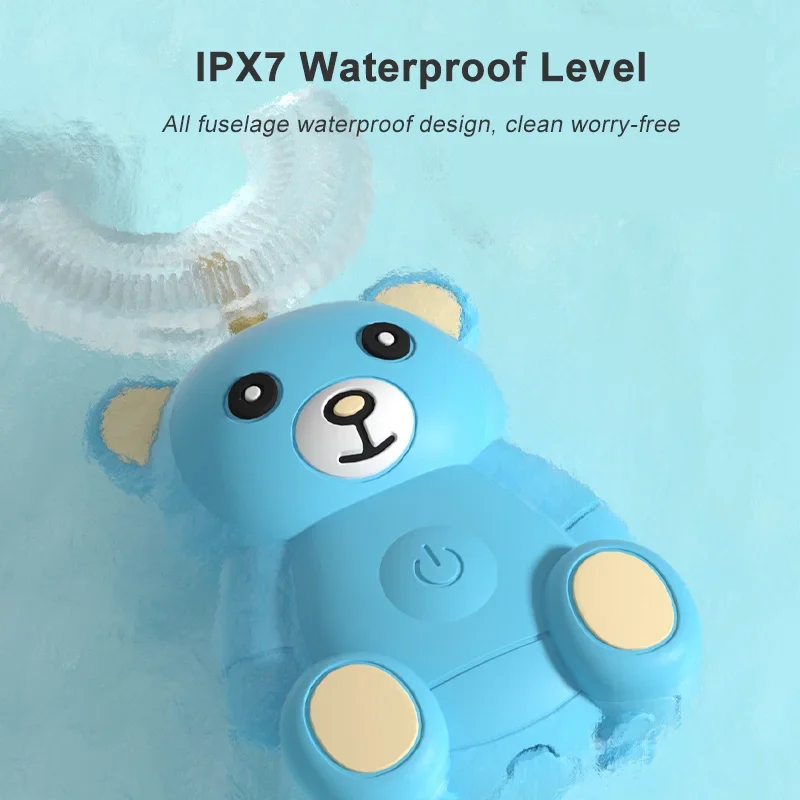 Spazzolino elettrico per bambini 360 gradi U spazzolino elettrico sonico per bambini spazzolino da denti ad ultrasuoni automatico in Silicone orso dei cartoni animati