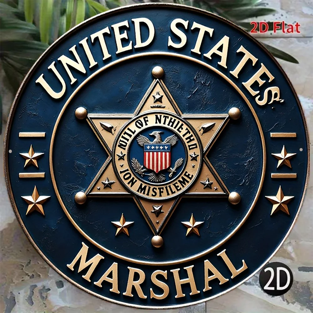 2D Flat Vintage US Marshals Badge Round Sign 20×20cm, Multipurpose Wall Plaque for Home Bar Office Decoration & Present.