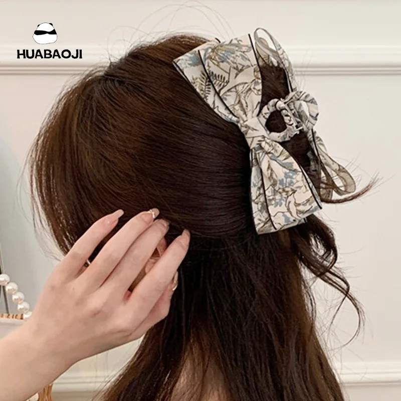 

Chinese Style Floral Paint Bow Hair Claw for Women Chiffon Girl Large Hair Clips