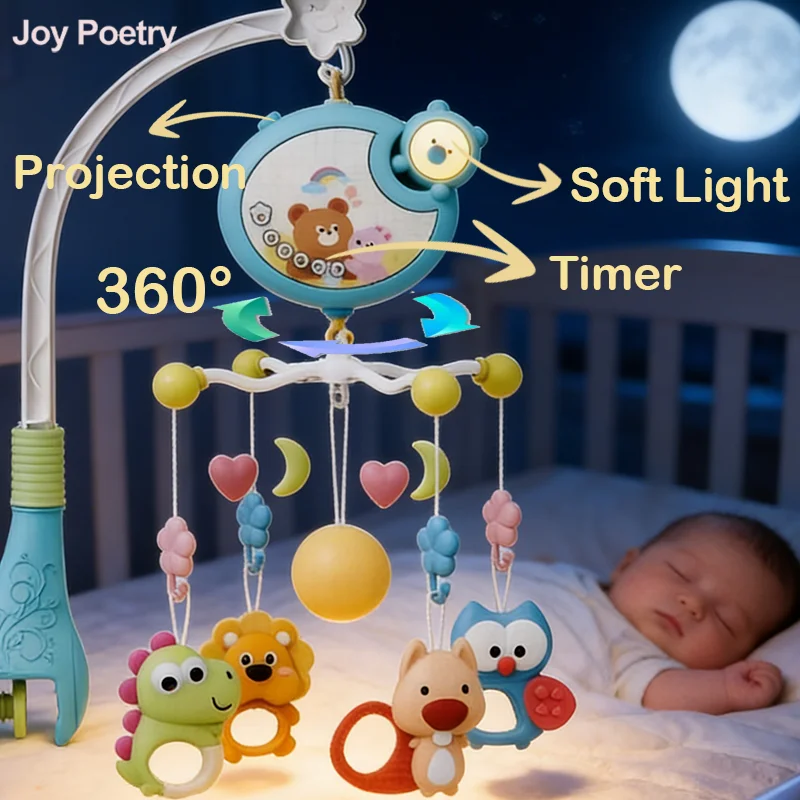 360 °   Culla musicale per bambini, mobile rotante, luce notturna, proiezione, letto, campana, giocattolo, quattro velocità, timing, appeso, neonato, comodino, Gif