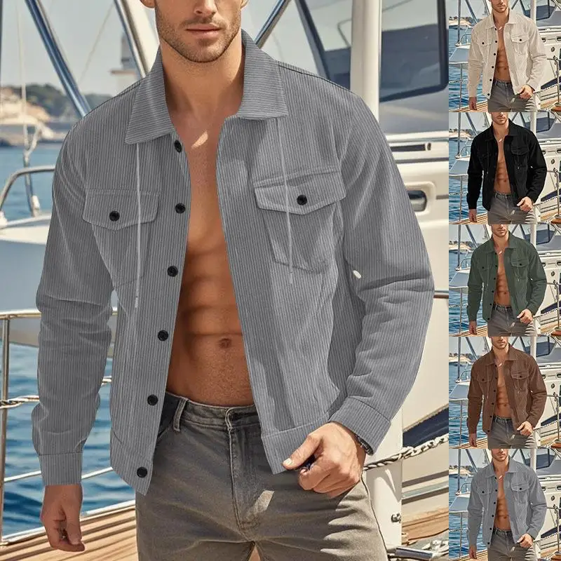 

Men's Corduroy Lapel Jaet Multi ket Loose Fit Polyester Fiber Youth Summer Faion Outerwear Casual Color
