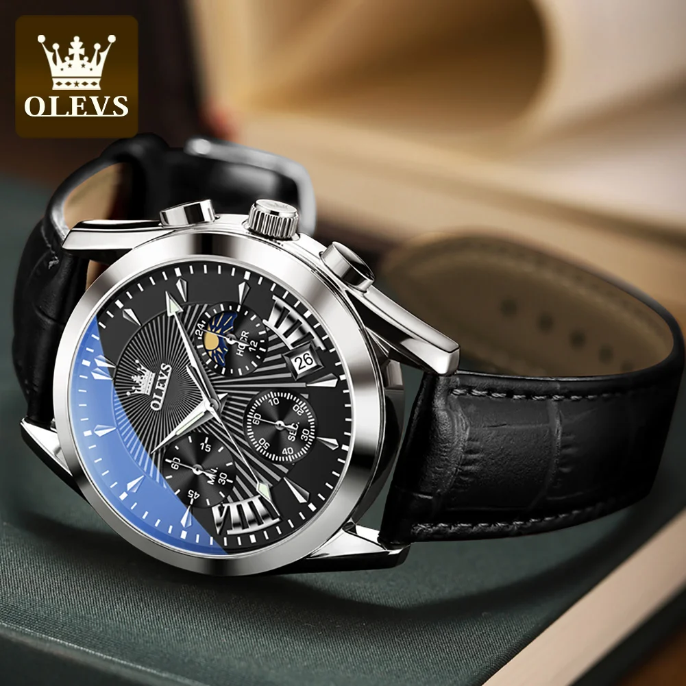 OLEVS 2876 reloj de fase lunar para hombre, reloj de cuarzo con correa de cuero genuino Original para hombre, reloj de pulsera de lujo resistente al agua con fecha automática para hombre