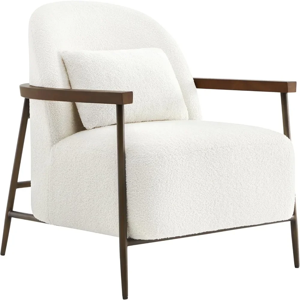 

Accent Chair for Living Room, Modern Upholstered Faux Sherpa Fabric Armchair with Metal Frame and Wooden Armrests