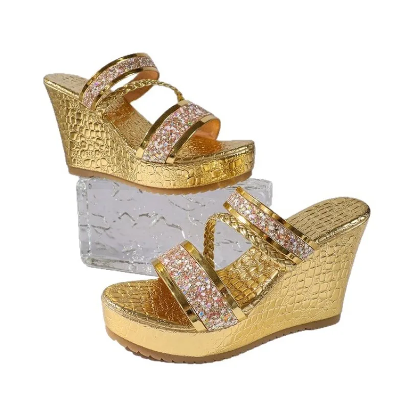 36-42 Plus Size Shoes for Women Summer Round Toe Platform Wedge Slip on Sequin Fashion Slippers Party Evening Dress Sandals view 4