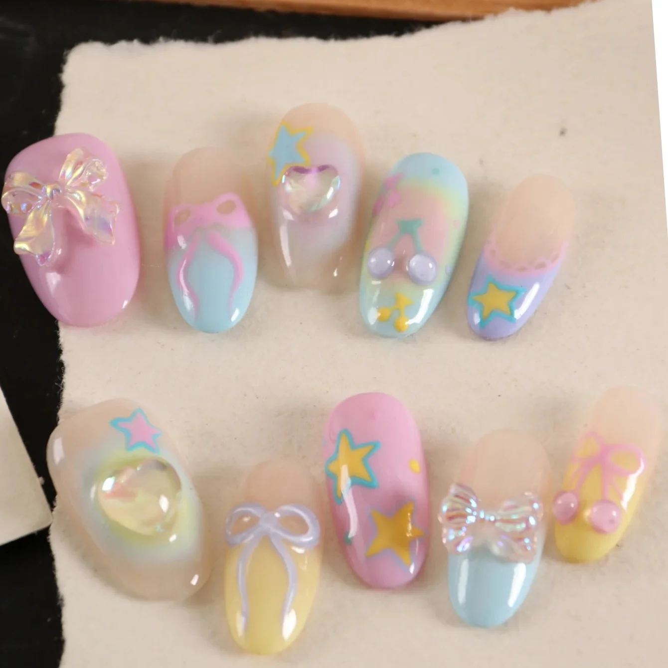 

10Pcs Press on Nails Hand Drawn Colorful Bow Blue Pink Cute Gradient Wear False Nails Artificial Nails Kit Nail Art DIY