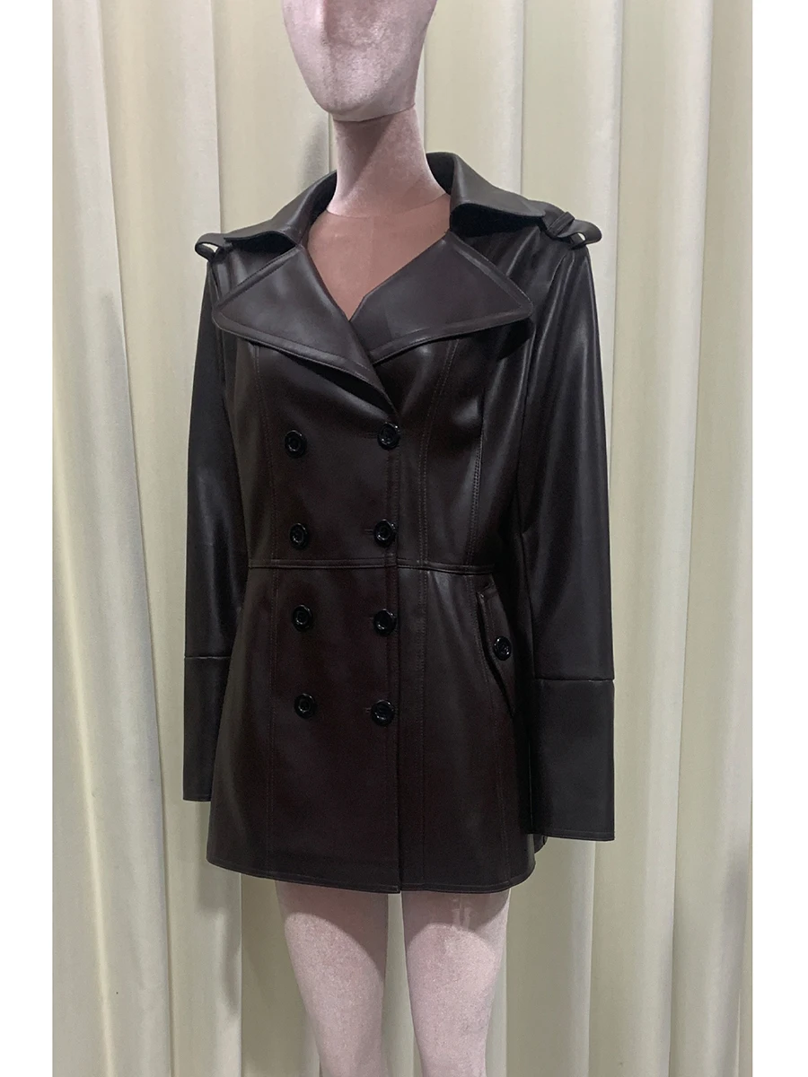 

Spring Autumn Soft Brown Pu Leather Blazer Women Double Breasted Elegant Luxury Designer Clothes Chic British Style Fashion 2026