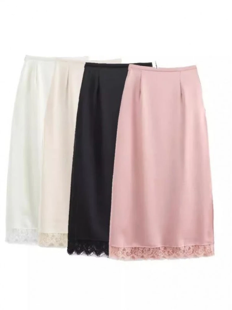 أنيقة الدانتيل المرقعة الساتان ميدي تنورة المرأة النمط الأوروبي مستقيم أنبوب تنورة خلات النسيج موضة بسيطة الزي بالجملة