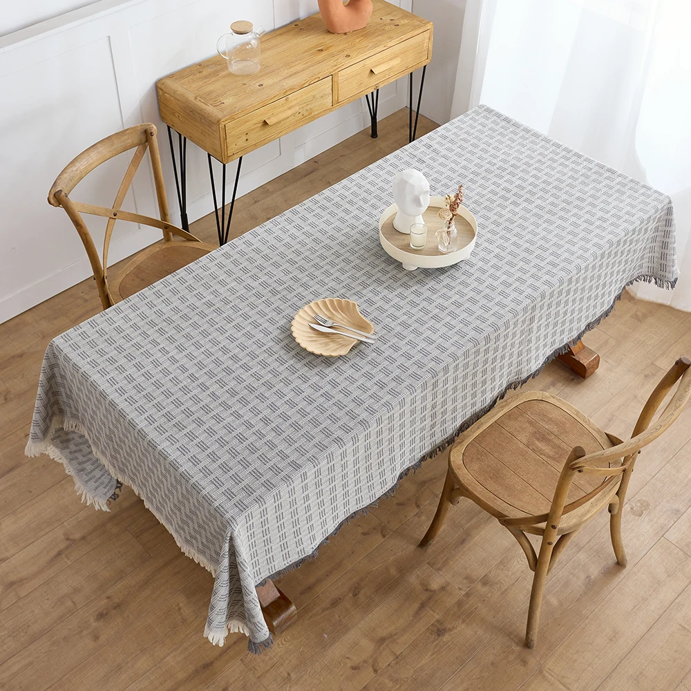 Autumn Cotton Linen Tablecloth Farmhouse Tablecloths Grey  Burlap Table Covers with Tassel for Kitchen Dinning Picnic Wedding