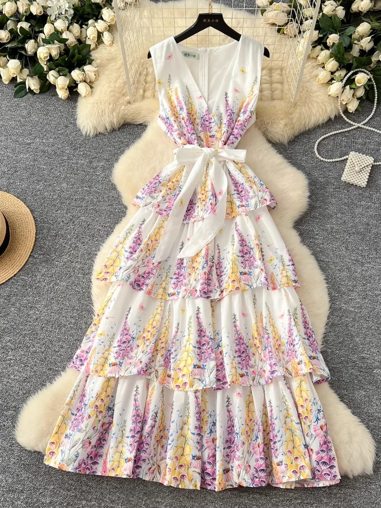 France Elegant Vintage Folk Evening Dress Women Print Sashes Slim Long Party Dress Female Casual Chic Festival Holiday Clothing