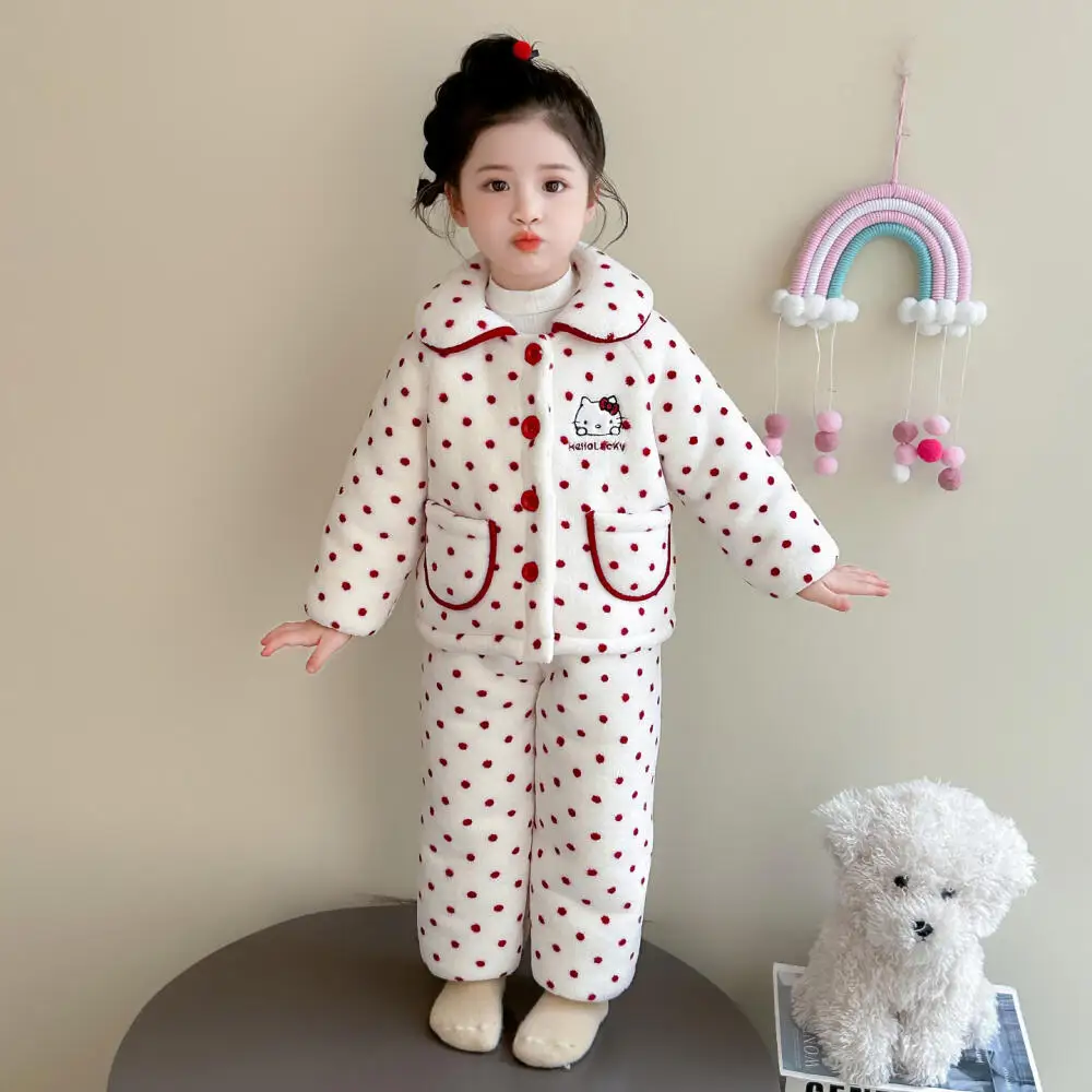 

Sanrio Hello Kitty фланелевой пижамный комплект для девочек, осень-зима, новинка 2025, утепленная теплая коралловая бархатная домашняя одежда для маленьких девочек, милая