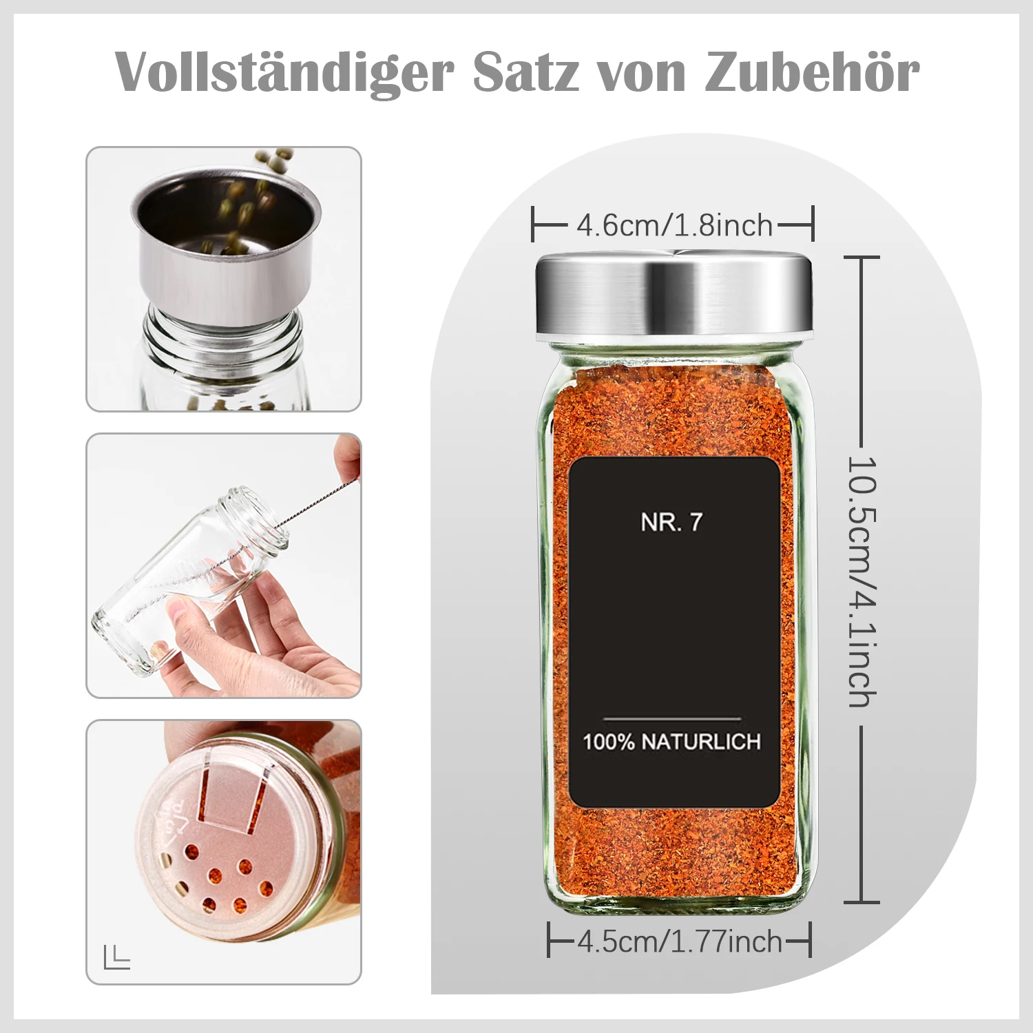 24/35 Stück quadratische Gewürzgläser mit Edelstahldeckeln, 120 ml Gewürzbehälter-Set mit Trichter und Etiketten, Gewürz-Organizer-Aufbewahrung – Detail 3