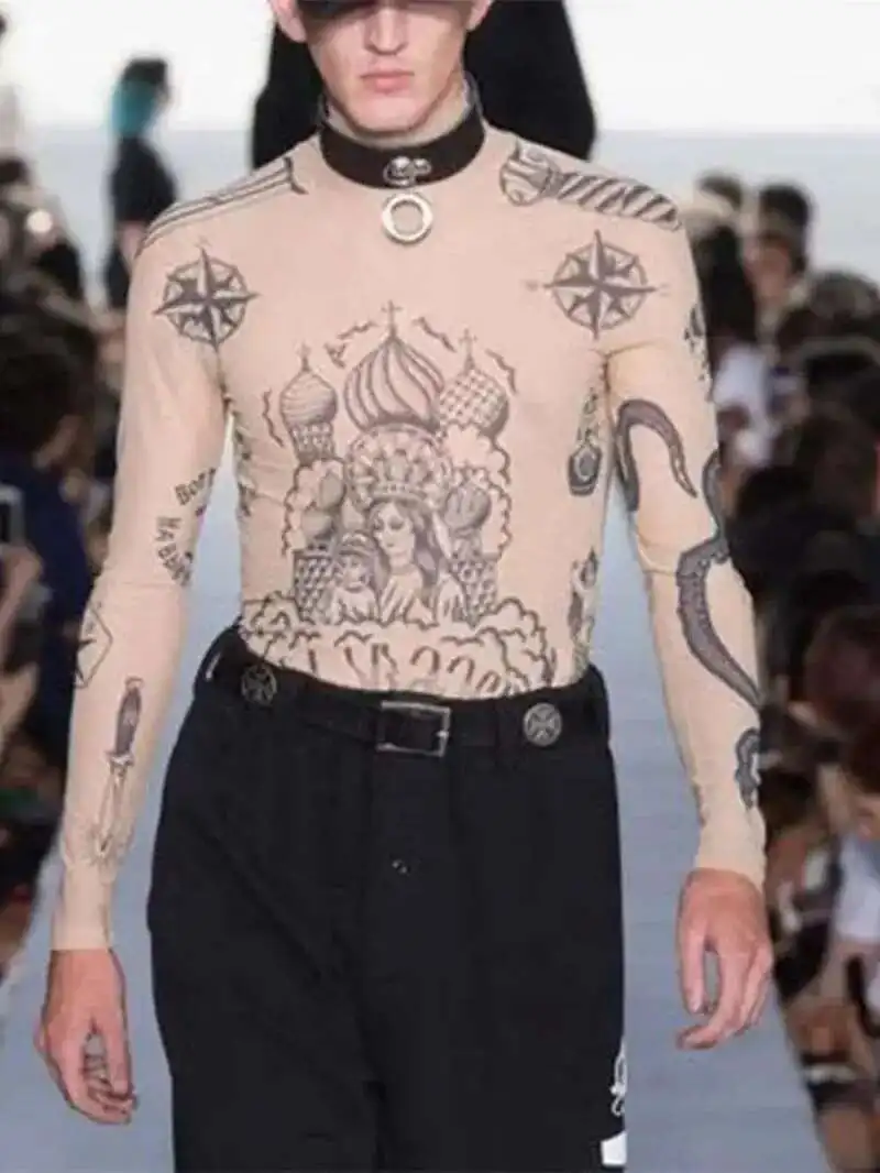 2025 الخريف جديد أزياء المرأة Basal أعلى آلهة الوشم طباعة طويلة الأكمام عالية ضيق طوق عارية اللون شبكة الغزل مثير تي شيرت B666