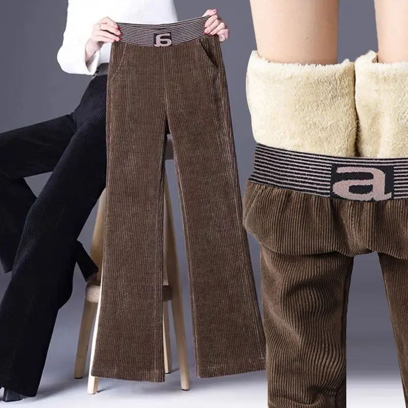 

2023 Autumn Winter New Fleece Corduroy Chenille Wide Leg Pants Cold Thin Lamb Fleece Ladies Striped Long High-waisted Pants