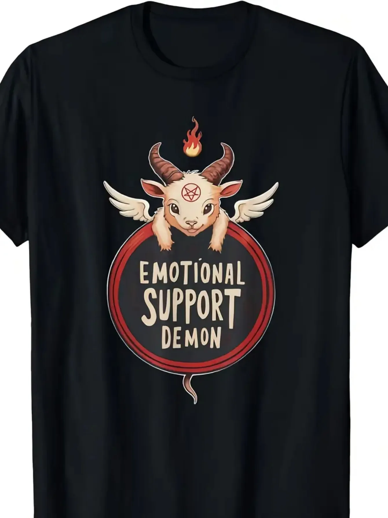 T-Shirt - 100% Cotton, Black Crew Neck with Cute Demon and Pentagram - Casual, Unisex Crew Neck, Perfect for Halloween, Christmas, Thanksgiving or Birthday Gifts