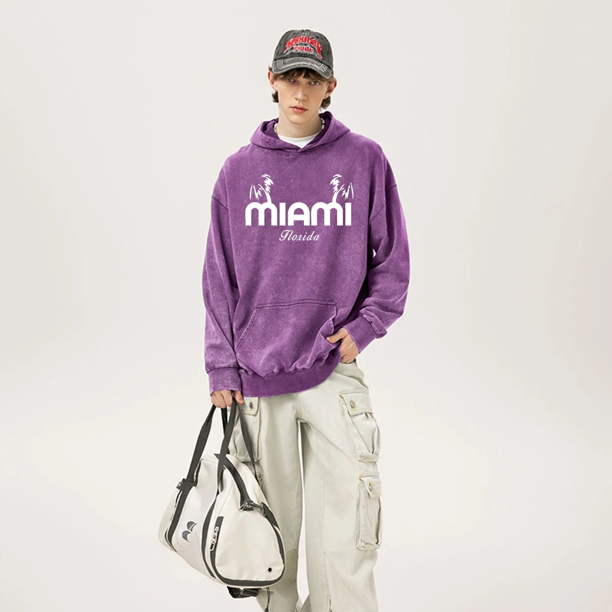 Miami Florida Letter Hoodie Men Retro Washed Hoodies Simple Casual Cotton Pullover Soft Comfort Sweatshirt Minimalist Style Tops