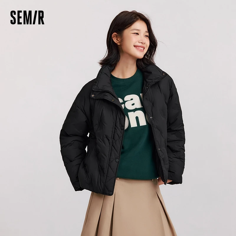 Semir Down Jacket Women Thin Houndstooth Loose 2024 New Winter Waterproof Windproof Stand-Up Collar Wear Down Jacket