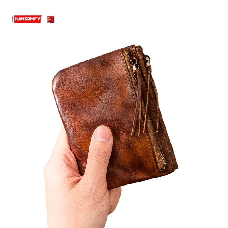 Retro Original First Layer Cowhide Mini Card Holder Mini Purse Men's And Women's Ultra-Thin Genuine Leather Wallet Key Case