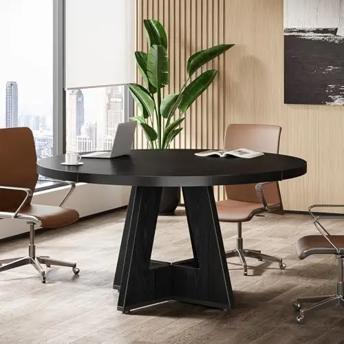47-Inch Round Conference Table for 4-6 People, Wooden Meeting Room Table with Thicken Tabletop and Wood Base (Black)