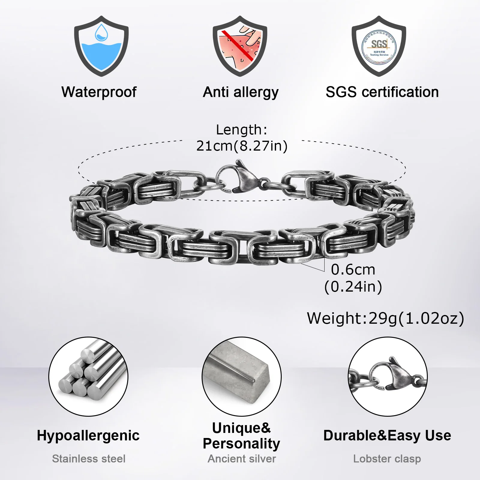 Retro Byzantine Bracelets for Men Boys,Chunky Stainless Steel Chain Bracelets,Vintage Rock Punk Cool Jewelry Gift