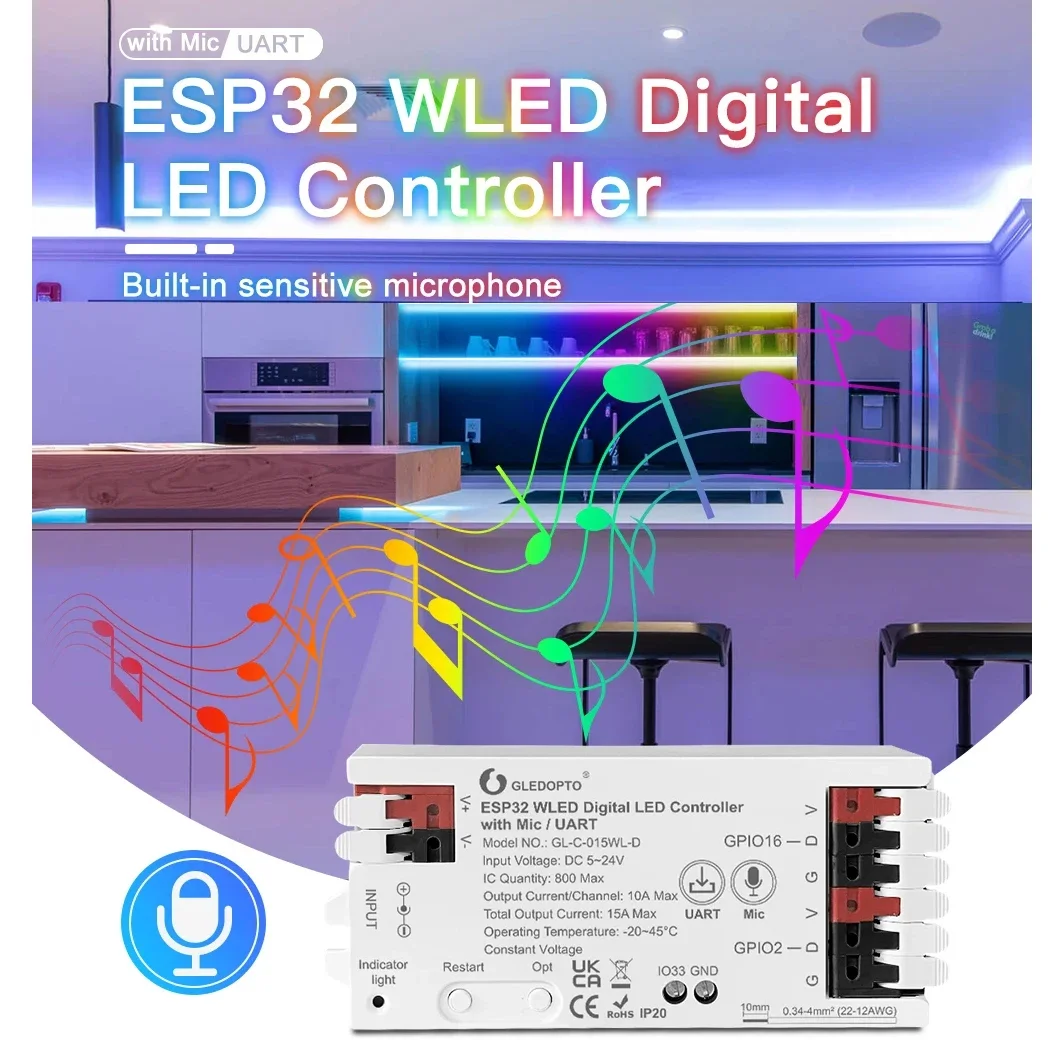 GLEDOPTO ESP32 WLED Controlador LED Micrófono UART Descarga DC 5-24V Compatible WS2811, SK6812, SM16703P, WS2812 Tira de luz