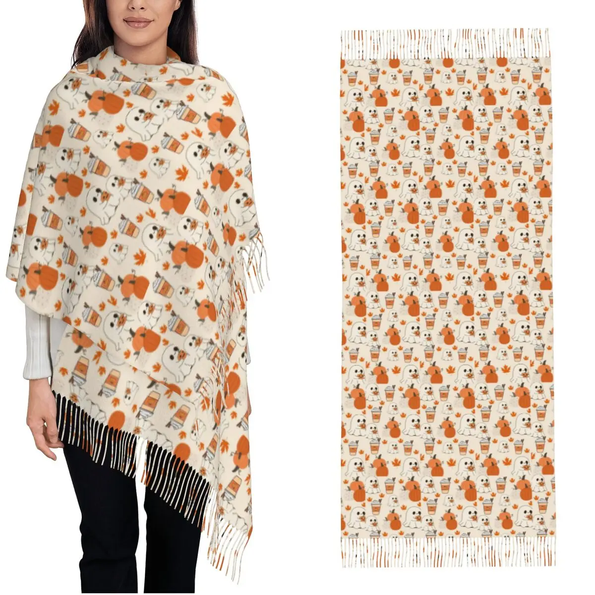 Watercolor Pumpkin Patch Halloween Scarf with Long Tassel Warm Soft Womens New Design Scarves Wraps Winter y2k Cool Bufanda
