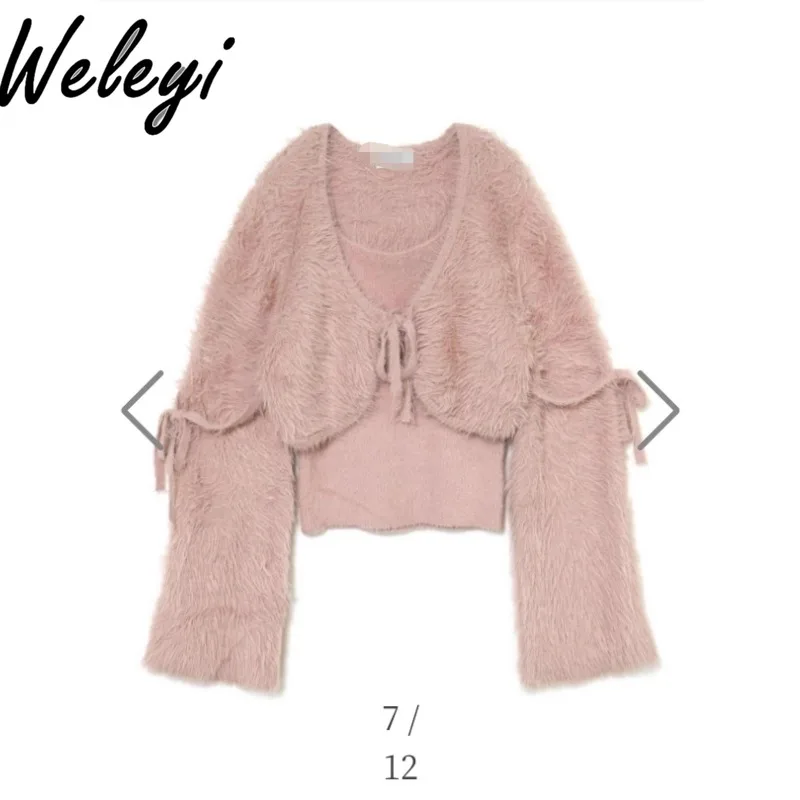 

Elegant Lace-up Pink Knitted Cardigan Woman 2025 Spring New Japanese Style Simple Sling Knitted Top Temperament 2-piece Set