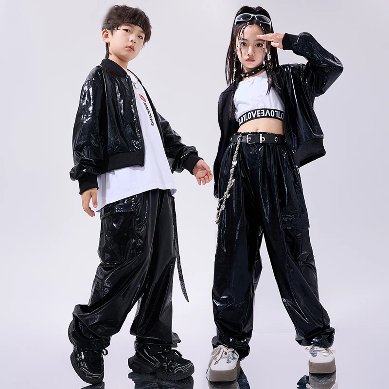 Moderne Hip-Hop-Tanz kostüm Kinder Jungen Street Dance Outfits schwarze Ledermantel hose Mädchen Mode Konzert Bühnen kleidung bl13725
