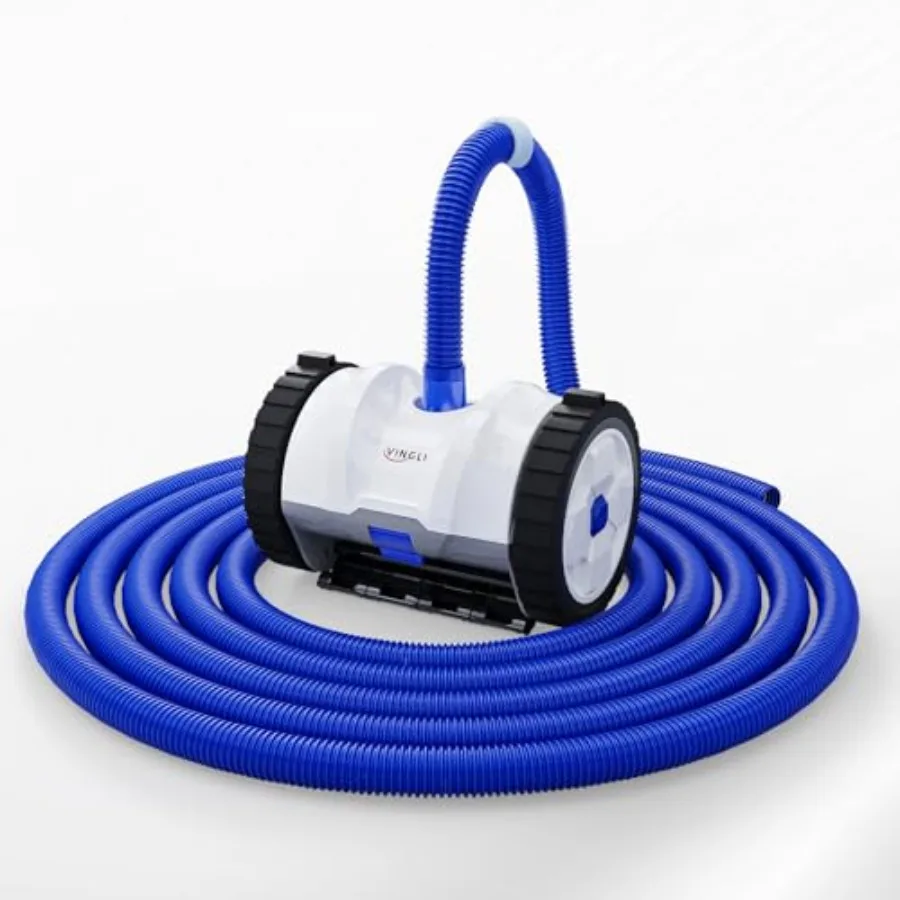 Inground pool cleaning: navy blue white suction-side robot vacuum with 40FT tangle-free hose, powerful automatic suction for po