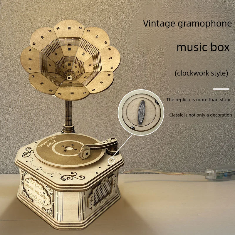 Retro Phonograph Octopus Box Creative Assembly Decoration Hand cranked Music Box Handmade 3D Puzzle Wooden Crafts