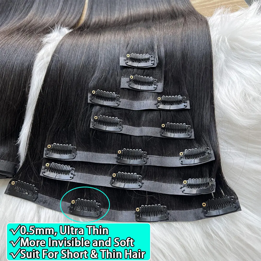 Raw Virgin Clip In Hair Extension 100% Human Hair Natural Black 100 Grams 7 Pieces Clip-On Hair Piece Full Head 16-30 Inch