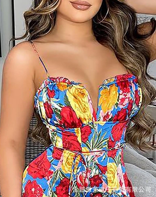 Sexy Elegant Blue Floral Camisole Jumpsuit Shorts New Fashion 2024 Summer Casual Rompers One Pieces Female Clothing Outfits