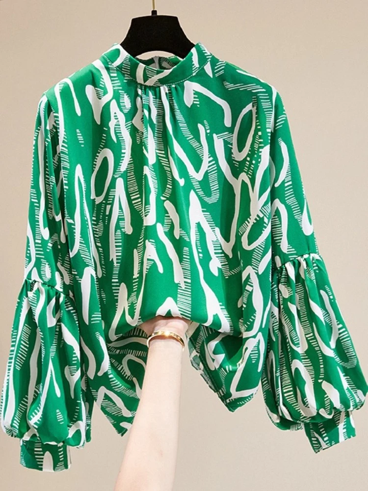 

2025 Spring Autumn New Blouses Stand Neck Lantern Sleeve Print Contrast Color Shirts Fashion Design Loose Tops Women's Clothing