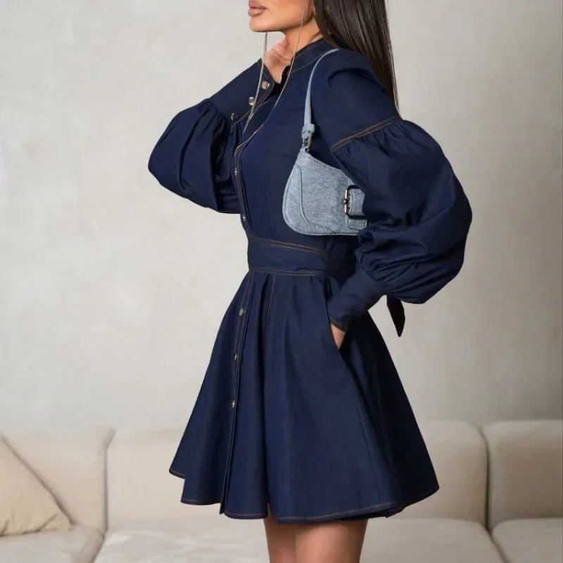 Autumn Winter Y2K Chic Female Long Lantern Sleeve Single Breasted Lace Up Pleated Dress Elegant Women Corset Denim Shirt Dress